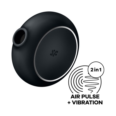 Dispositivo eletrônico preto redondo com abertura e texto 2 in 1 AIR PULSE + VIBRATION