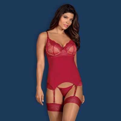 Conjunto de lingerie vermelho de renda com ligas e meias