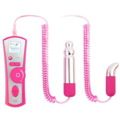 Controle rosa e preto com ecrã ligado a dois vibradores metálicos com bases rosa em fundo branco