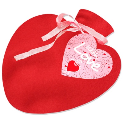 Bolsa de água quente vermelha com etiqueta em coração rosa e fita de cetim