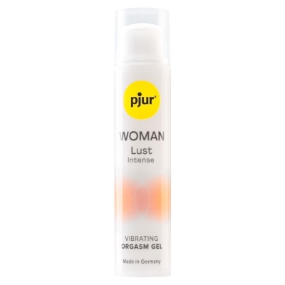 Frasco branco de gel orgástico pjur WOMAN Lust Intense com detalhes amarelos e laranja