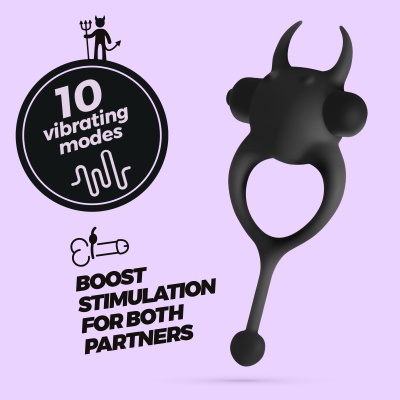 anel vibratório preto com 10 modos de vibração, texto promocional, fundo lilás