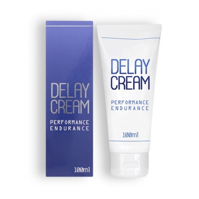 Embalagem azul e bisnaga branca do Delay Cream 100ml