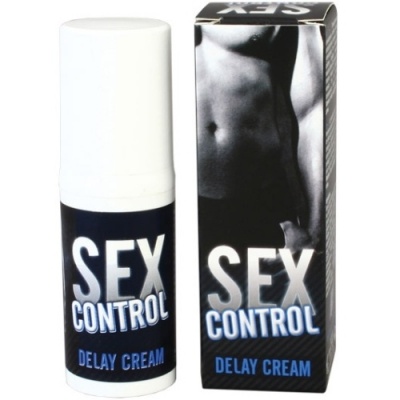 Frasco e embalagem preta de SEX CONTROL DELAY CREAM com imagem de torso masculino