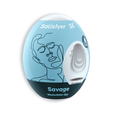 Embalagem azul do Masturbator Egg da Satisfyer com desenho de rosto linear