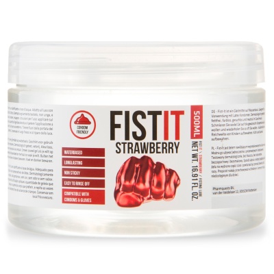 Frasco transparente de Fist It Strawberry com rótulo vermelho e branco