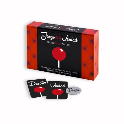 Caixa e cartas do jogo erótico El Juego de la Verdad com design vermelho e preto