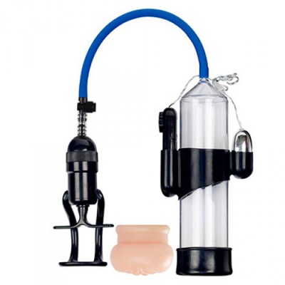 Bomba de vácuo masculina transparente com pistão e mangueira azul