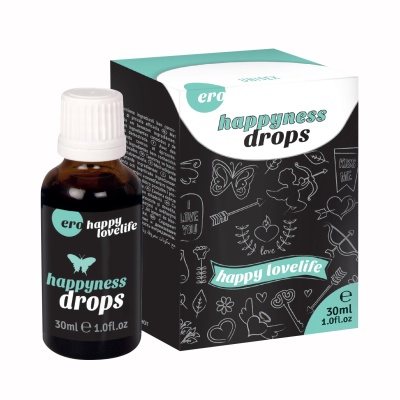 frasco e caixa do produto happyness drops preto com texto e desenhos brancos e verdes