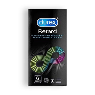 Embalagem preta de preservativos Durex Retard com texto em italiano e símbolo colorido de infinito