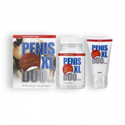 Suplemento alimentar e creme PENIS XL DUO em embalagem branca com texto azul e vermelho