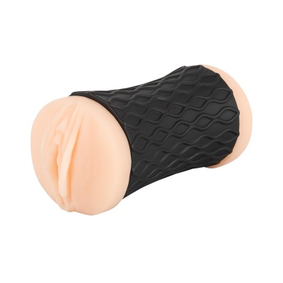 Brinquedo erótico silicone cor pele com capa preta texturada