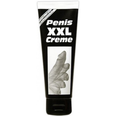 Tubo de creme preto e branco com texto Penis XXL Creme e imagem de mão com polegar levantado