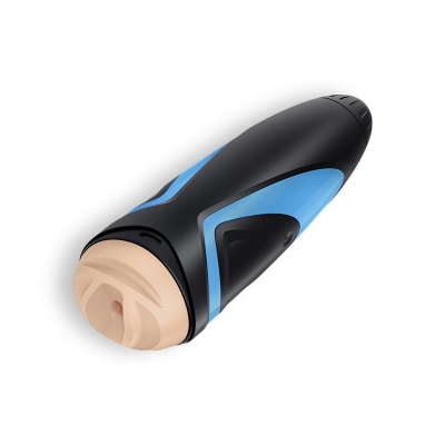 Dispositivo preto e azul com óptica bege clara em fundo branco