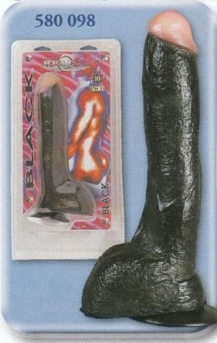 Dildo preto com embalagem plástica e texto BLACK