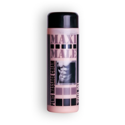 frasco de creme para massagem peniana rosa com tampa preta e texto Maxi Male