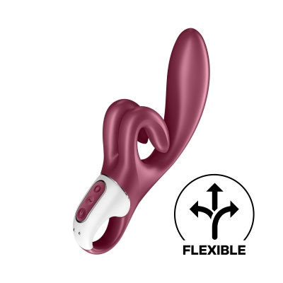 Vibrador vinho com punho branco e símbolo de flexível