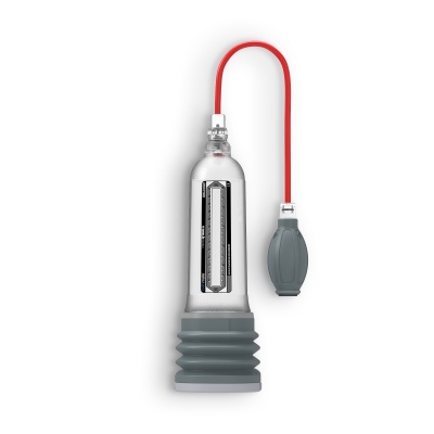 Bomba de vácuo transparente com base cinza e pêra vermelha de bombeamento