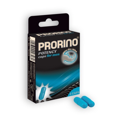 Embalagem preta e azul PRORINO Potency caps for men com duas cápsulas azuis