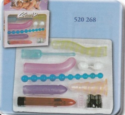 Conjunto de brinquedos sexuais coloridos em embalagem branca e fundo azul com texto 520 268