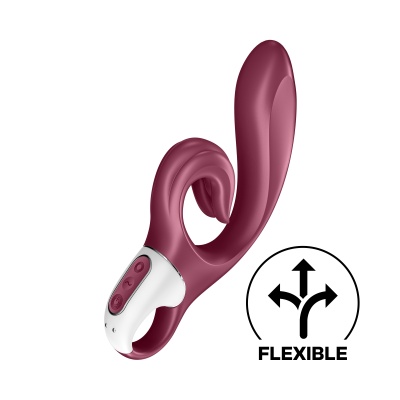 Vibrador flexível em silicone borgonha com controlo branco e símbolo de flexibilidade