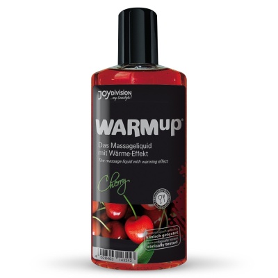 Frasco de líquido para massagem cherry com rótulo preto e imagem de cerejas