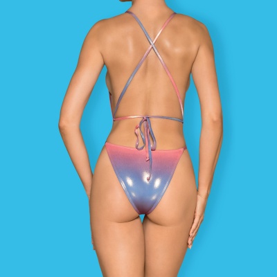 Fato de banho feminino rosa e azul com tiras cruzadas nas costas