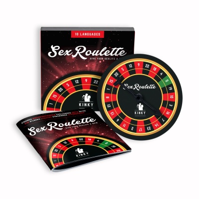 Jogo de tabuleiro Sex Roulette com disco giratório, caixa e catálogo em cores preto, vermelho, verde e amarelo