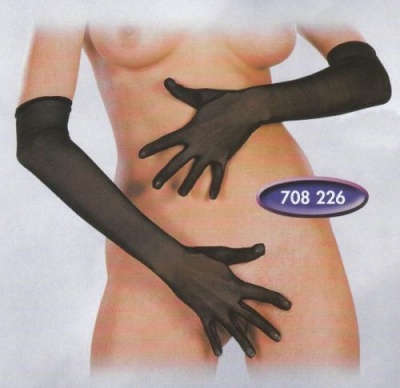 Luvas compridas pretas transparentes em tecido fino, cobrindo braços de uma mulher nua
