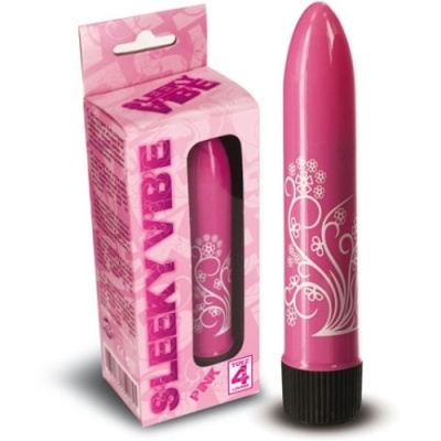 Vibrador rosa com padrão branco e embalagem rosa com texto