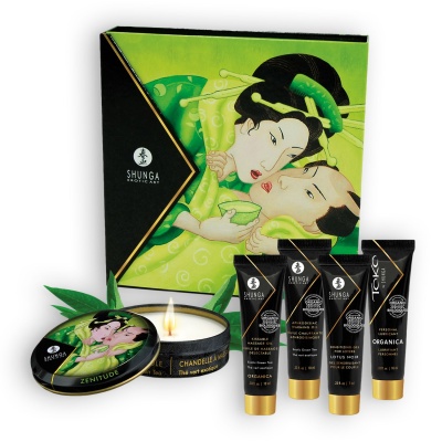 Conjunto de produtos Shunga com vela perfumada e quatro tubos em embalagem verde e preta com ilustração oriental