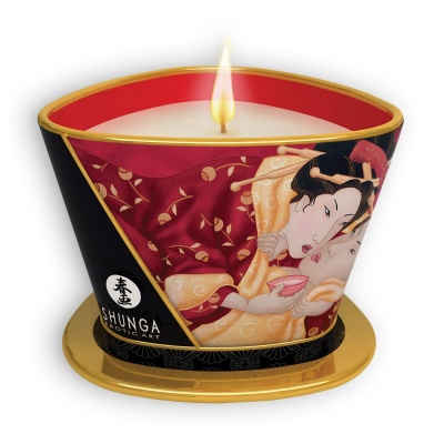 Vela perfumada SHUNGA com design artístico erótico japonês em recipiente preto, vermelho e dourado