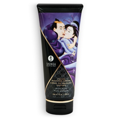Frasco de creme de massagem Shunga com design artístico e texto em inglês e francês