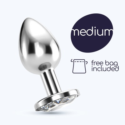 Plug anal metálico prateado com cristal na base e texto medium free bag included