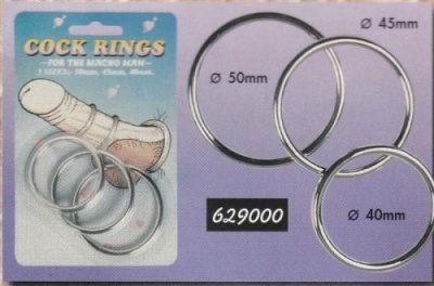 Anéis metálicos para cockrings com embalagem azul e ilustração