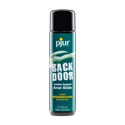 Frasco de gel lubrificante anal pjur Back Door de 100 ml com tampa preta e rótulo verde com texto branco e amarelo