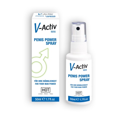 Spray para potência masculina V-Activ com embalagem branca e texto azul e verde