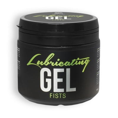 Frasco preto de gel lubrificante FISTS com texto verde e branco