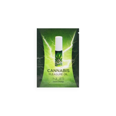 Embalagem verde com frasco de óleo cannabis e texto Pleasures Oil