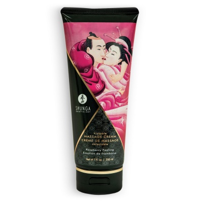Tubo de creme de massagem Shunga Kissable em rosa e preto com ilustração de casal e texto em inglês e francês