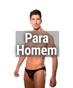 Modelo masculino com cueca preta transparente e texto Para Homem