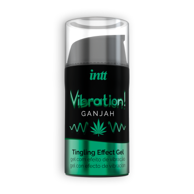 Frasco preto com tampa transparente de gel Vibration! Ganjah com texto e símbolo de folha verde.