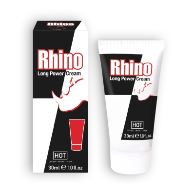 Creme Rhino Long Power em tubo branco e embalagem preta e branca com ilustração de rinoceronte