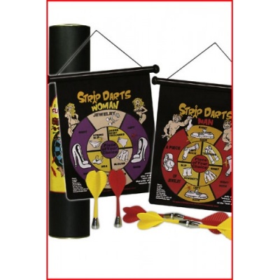 Conjunto de jogos de dardos Strip Darts para homens e mulheres com dardos coloridos e suporte preto.
