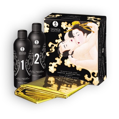 Conjunto de gel de massagem erótica Shunga com duas embalagens pretas e caixa ilustrada oriental.