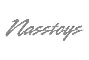Logotipo 'Nasstoys' em letras cursivas cinzentas