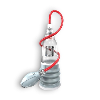 Dispositivo cilíndrico transparente e cinzento com tubo vermelho e bomba manual cinzenta