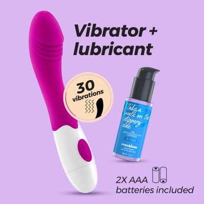 Vibrador roxo com base branca e lubrificante azul em fundo lilás