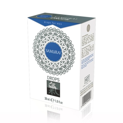 Embalagem branca e azul com padrão circular e texto Samurai Drops