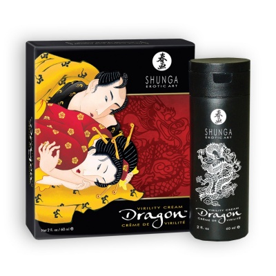 Embalagem e recipiente de creme Shunga Dragon com ilustração japonesa e texto em inglês e francês
